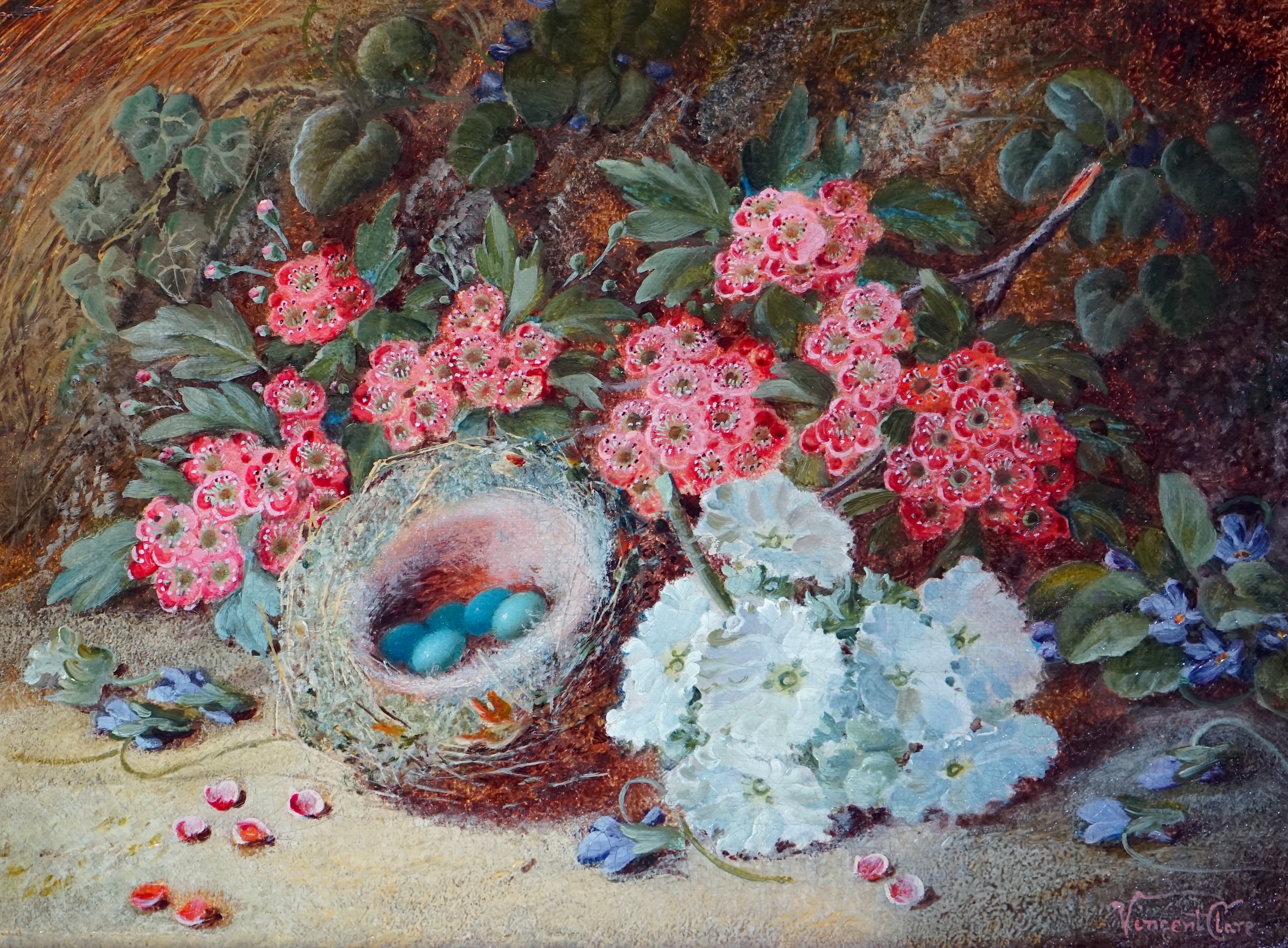 Vincent Clare (British, 1855-1930), Still life of birds nest, blossom and violets, oil on canvas, 22 x 30cm